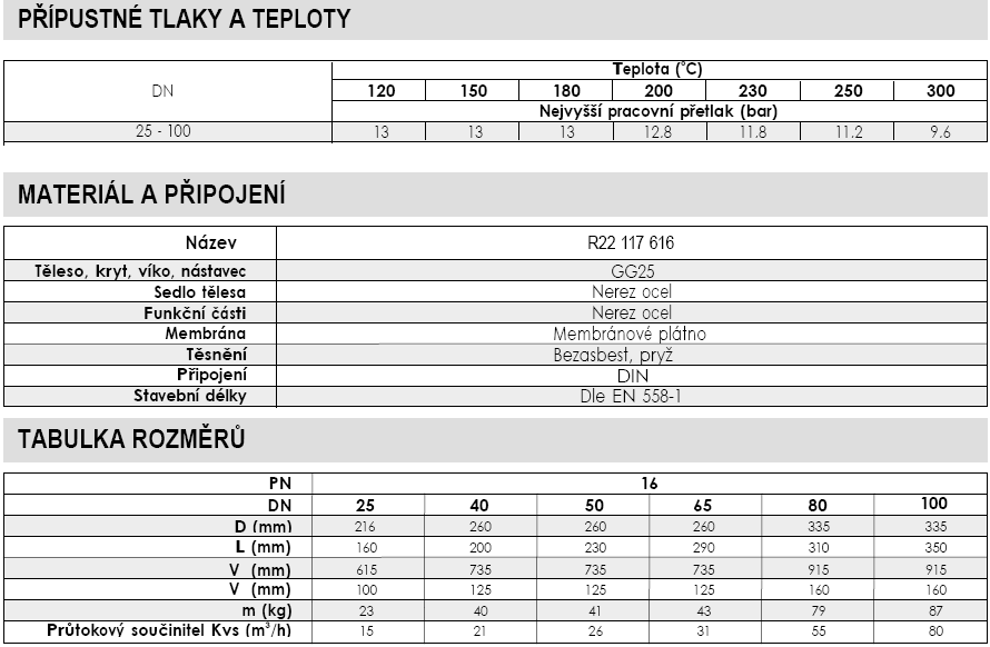 Regulátor tlaku pro páru R22 117 616